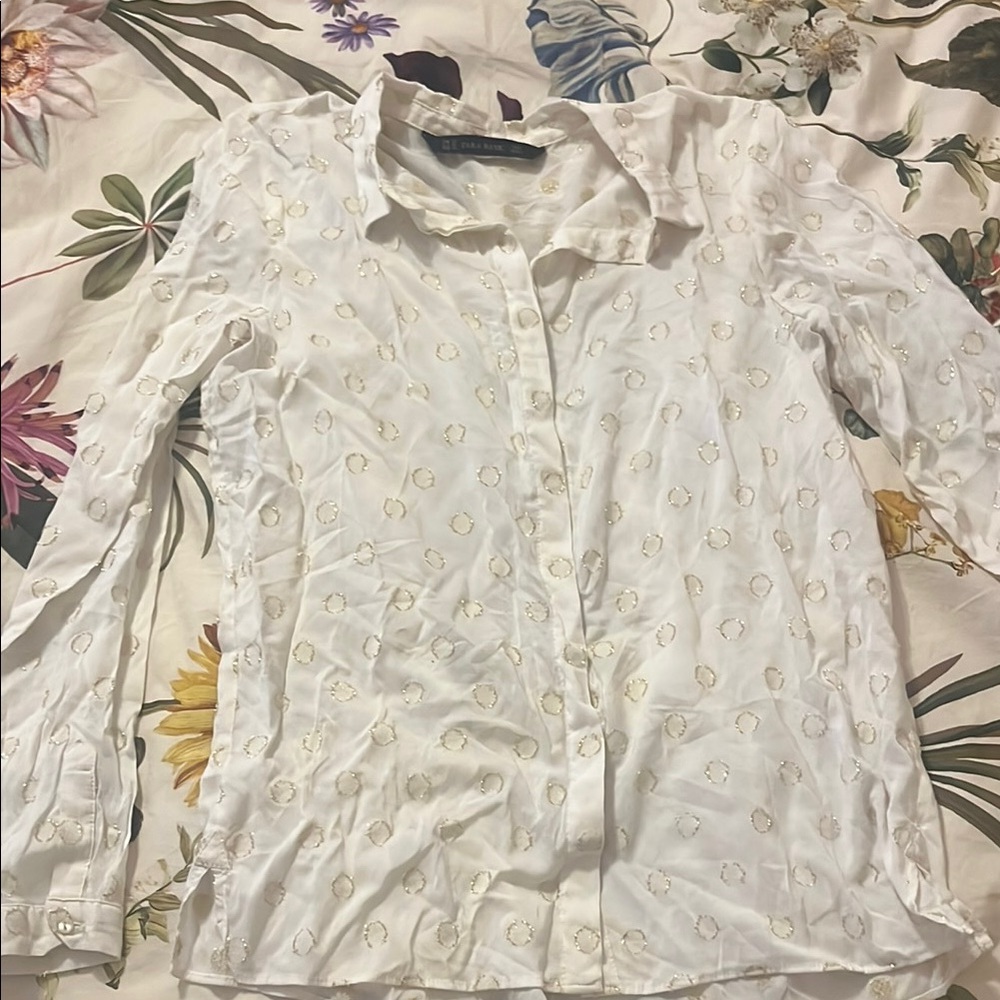 Zara White and Gold Button-Down Shirt